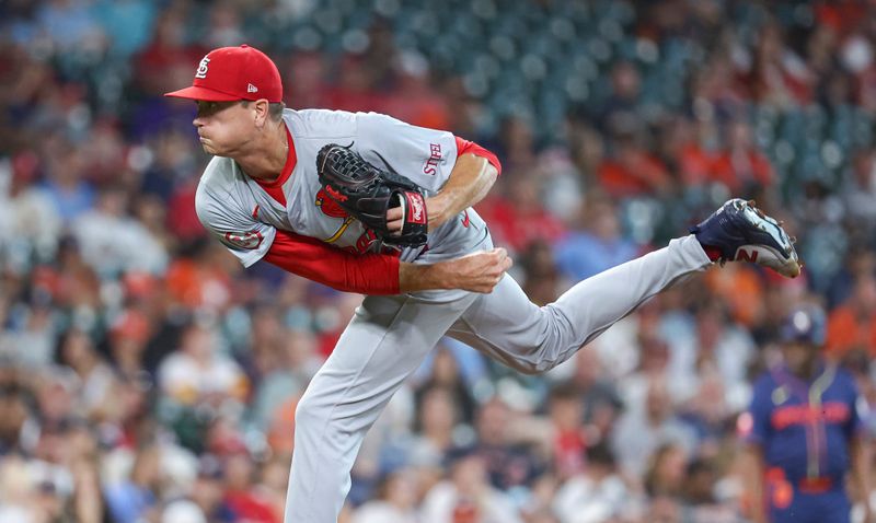 Jun 3, 2024; Houston, Texas, USA; St. Louis Cardinals starting pitcher Kyle Gibson (44) delivetrs a pitch during the first inning against the Houston Astros at Minute Maid Park. Mandatory Credit: Troy Taormina-USA TODAY Sports