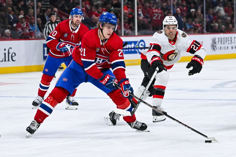 Jan 23, 2024; Montreal, Quebec, CAN; Montreal Canadiens defenseman Kaiden Guhle (21) defends the puck against Ottawa Senators right wing Mathieu Joseph (21) during the third period at Bell Centre. Mandatory Credit: David Kirouac-USA TODAY Sports