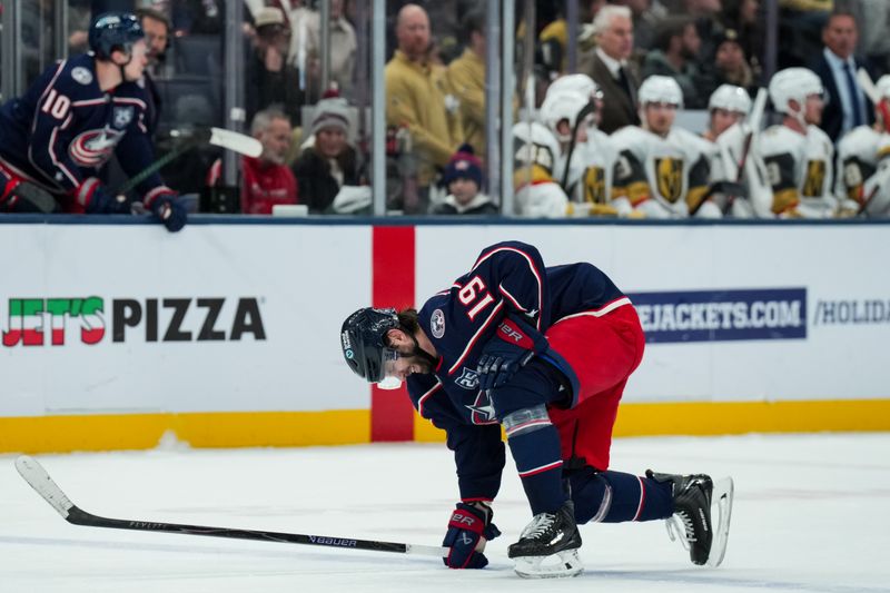 Dec 13, 2025; Columbus, Ohio, USA;  Columbus Blue Jackets center Adam Fantilli (19) reacts on the ice against the Vegas Golden Knights in the first period at Nationwide Arena. Mandatory Credit: Aaron Doster-Imagn Images