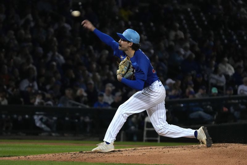 Mar 6, 2025; Mesa, Arizona, USA; Chicago Cubs pitcher Frankie Scalzo Jr (35) throws against the Kansas City Royals in the third inning at Sloan Park. Mandatory Credit: Rick Scuteri-Imagn Images