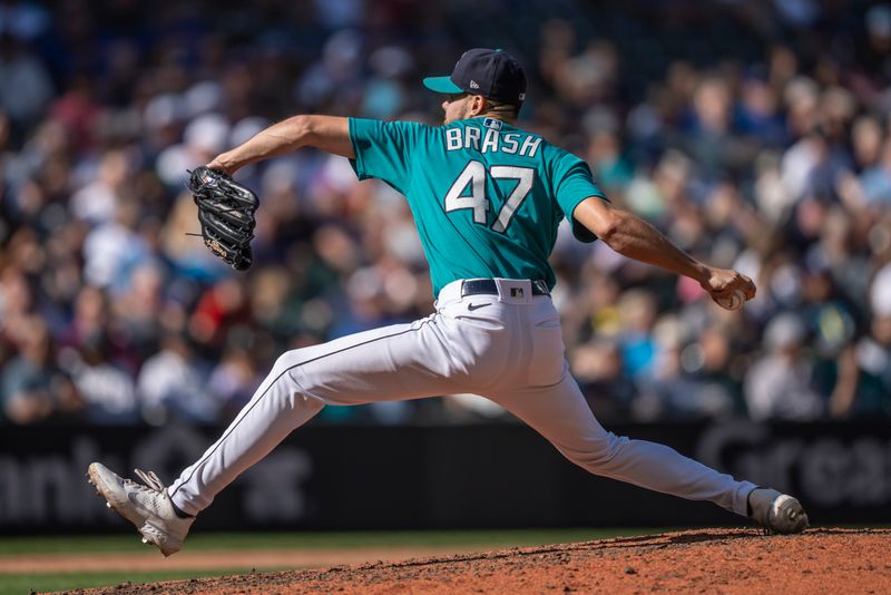 Sep 13, 2023; Seattle, Washington, USA; Seattle Mariners reliever Matt Brash (47) delivers a pitch during the eighth inning against the Los Angeles Angels at T-Mobile Park. Mandatory Credit: Stephen Brashear-USA TODAY Sports