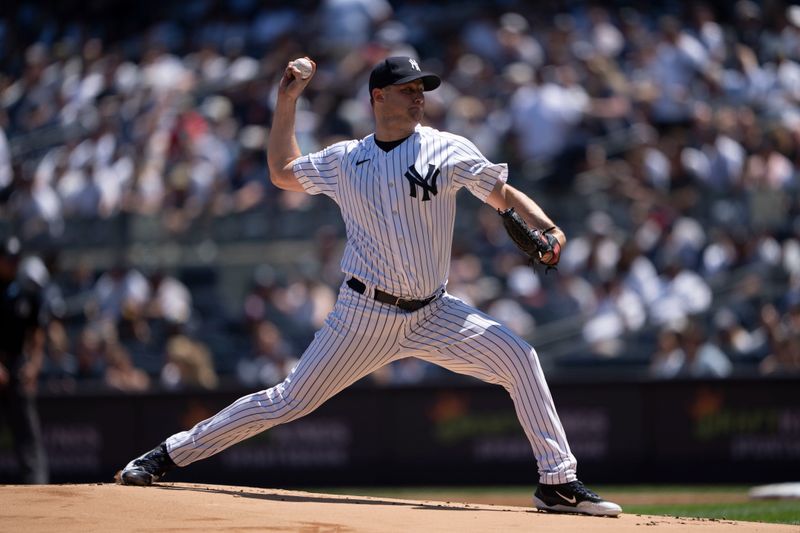 May 28, 2023; Bronx, New York, USA; New York Yankees pitcher Gerrit Cole (45) delivers a pitch against the San Diego Padres during the first inning at Yankee Stadium. Mandatory Credit: Gregory Fisher-USA TODAY Sports