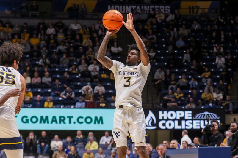 Jan 6, 2026; Morgantown, West Virginia, USA; West Virginia Mountaineers guard Honor Huff (3) shoots a three pointer during the second half against the Cincinnati Bearcats at Hope Coliseum. Mandatory Credit: Ben Queen-Imagn Images