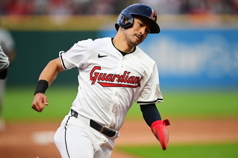 Apr 9, 2024; Cleveland, Ohio, USA; Cleveland Guardians left fielder Steven Kwan (38) rounds third base en route to scoring during the fourth inning against the Chicago White Sox at Progressive Field. Mandatory Credit: Ken Blaze-USA TODAY Sports