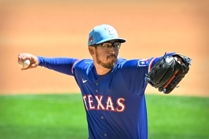 Mar 26, 2024; Arlington, Texas, USA; Texas Rangers starting pitcher Dane Dunning (33) pitches against the Boston Red Sox during the first inning at Globe Life Field. Mandatory Credit: Jerome Miron-USA TODAY Sports