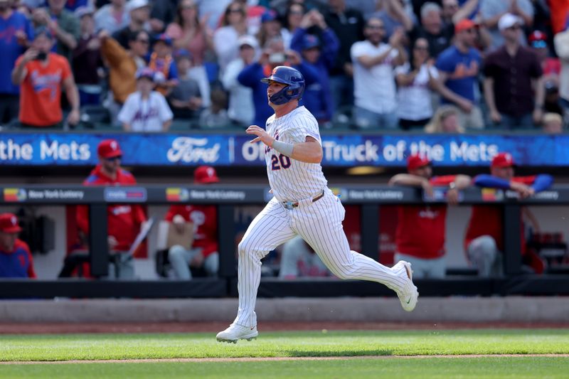 Apr 23, 2025; New York City, New York, USA; New York Mets first baseman Pete Alonso (20) comes around to score the game winning run against the Philadelphia Phillies on a single by Mets designated hitter Starling Marte (not pictured) during the tenth inning at Citi Field. Mandatory Credit: Brad Penner-Imagn Images