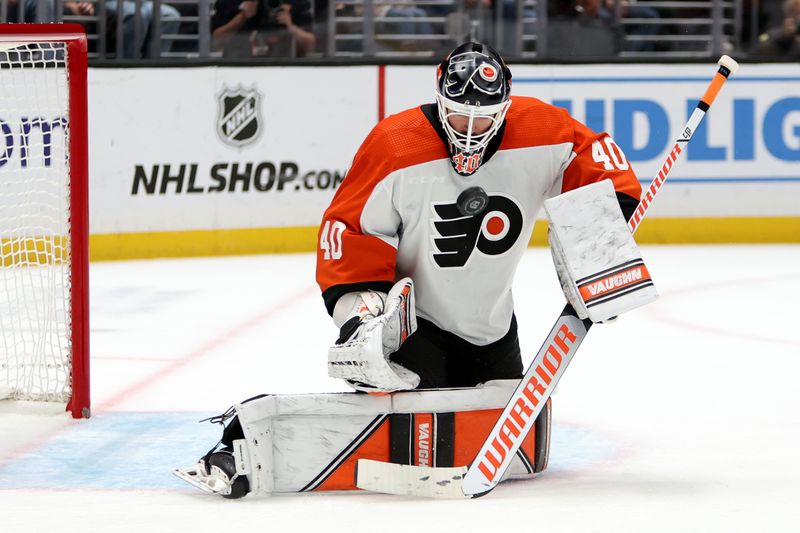 Nov 11, 2023; Los Angeles, California, USA;  Philadelphia Flyers goaltender Cal Petersen (40) defends the goal during the second period against the Los Angeles Kings at Crypto.com Arena. Mandatory Credit: Kiyoshi Mio-USA TODAY Sports