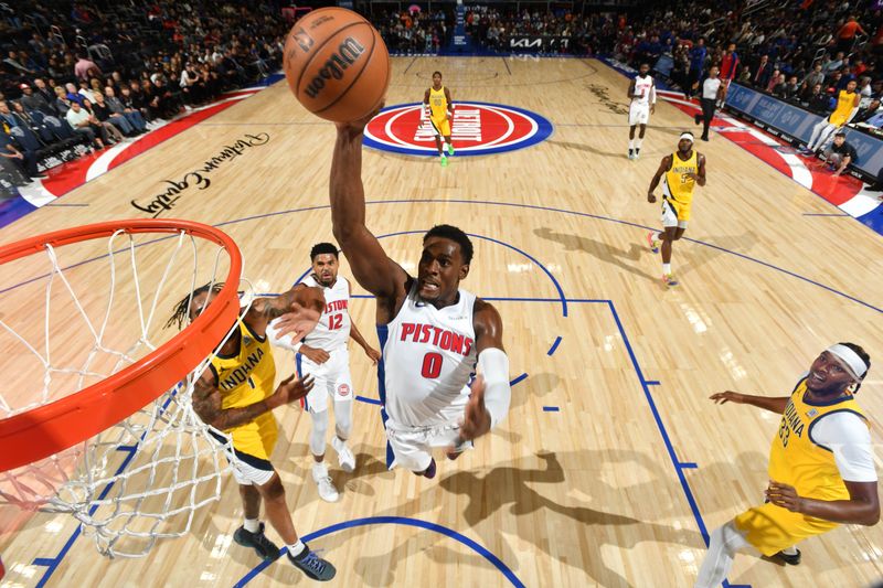 DETROIT, MI - OCTOBER 23: Jalen Duren #0 of the Detroit Pistons dunks the ball during the game against the Indiana Pacers on October 23, 2024 at Little Caesars Arena in Detroit, Michigan. NOTE TO USER: User expressly acknowledges and agrees that, by downloading and/or using this photograph, User is consenting to the terms and conditions of the Getty Images License Agreement. Mandatory Copyright Notice: Copyright 2024 NBAE (Photo by Chris Schwegler/NBAE via Getty Images)