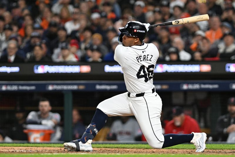 Oct 10, 2024; Detroit, Michigan, USA; Detroit Tigers outfielder Wenceel Perez (46) hits a single in the sixth inning against the Cleveland Guardians during game four of the ALDS for the 2024 MLB Playoffs at Comerica Park. Mandatory Credit: Lon Horwedel-Imagn Images
