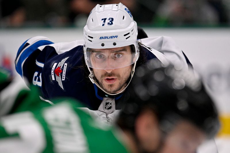 May 11, 2025; Dallas, Texas, USA; Winnipeg Jets left wing Brandon Tanev (73) waits for a faceoff against the Dallas Stars during the third period in game three of the second round of the 2025 Stanley Cup Playoffs at American Airlines Center. Mandatory Credit: Jerome Miron-Imagn Images