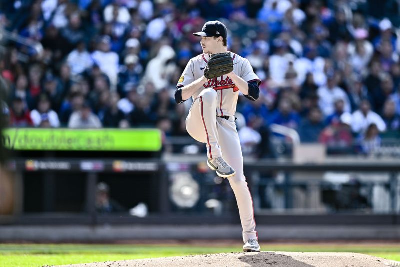 May 11, 2024; New York City, New York, USA; Atlanta Braves pitcher Max Fried (54) pitches against the New York Mets during the first inning at Citi Field. Mandatory Credit: John Jones-USA TODAY Sports