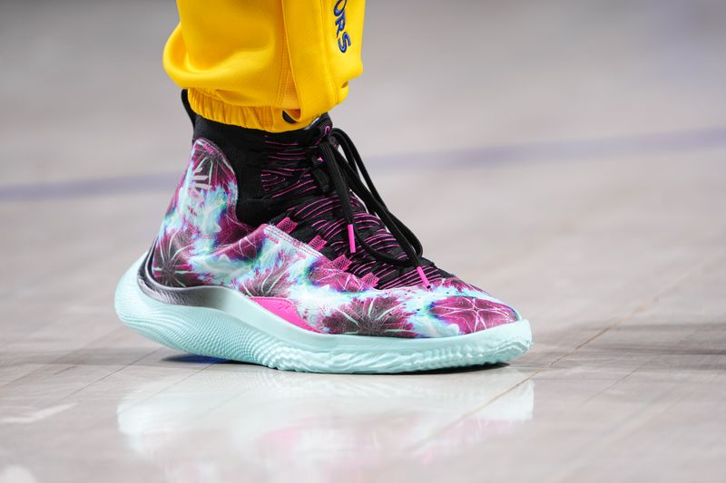 DALLAS, TX - MARCH 13: The sneakers worn by Brandin Podziemski #2 of the Golden State Warriors before the game against the Dallas Mavericks on March 13, 2024 at the American Airlines Center in Dallas, Texas. NOTE TO USER: User expressly acknowledges and agrees that, by downloading and or using this photograph, User is consenting to the terms and conditions of the Getty Images License Agreement. Mandatory Copyright Notice: Copyright 2024 NBAE (Photo by Glenn James/NBAE via Getty Images)