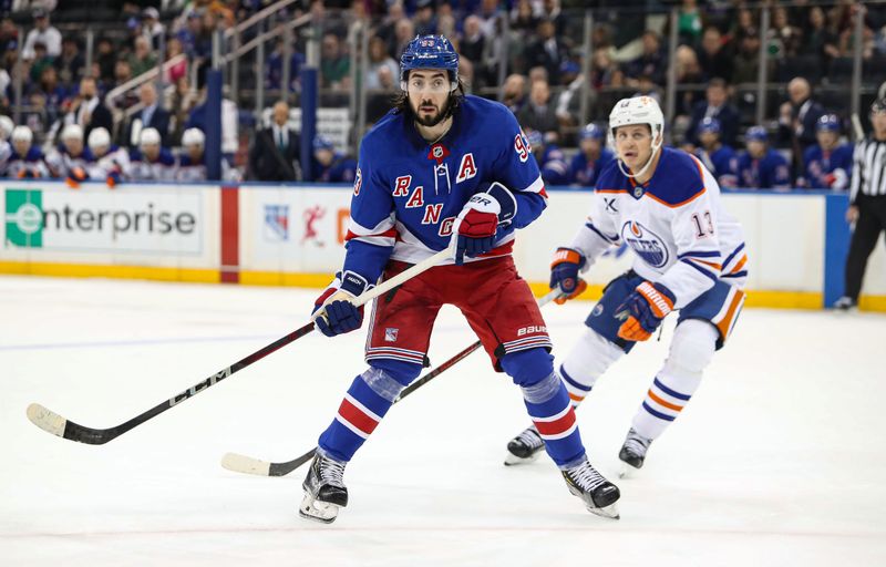 Mar 16, 2025; New York, New York, USA; New York Rangers center Mika Zibanejad (93) awaits a pass against the Edmonton Oilers during the second period at Madison Square Garden. Mandatory Credit: Danny Wild-Imagn Images