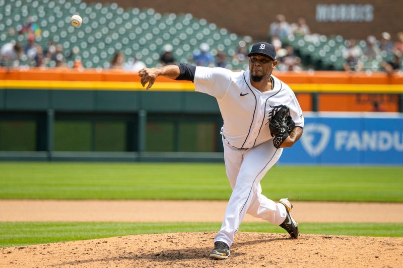 Jul 24, 2023; Detroit, Michigan, USA; Detroit Tigers relief pitcher Jose Cisnero (67) pitches in the sixth inning against the San Francisco Giants at Comerica Park. Mandatory Credit: David Reginek-USA TODAY Sports