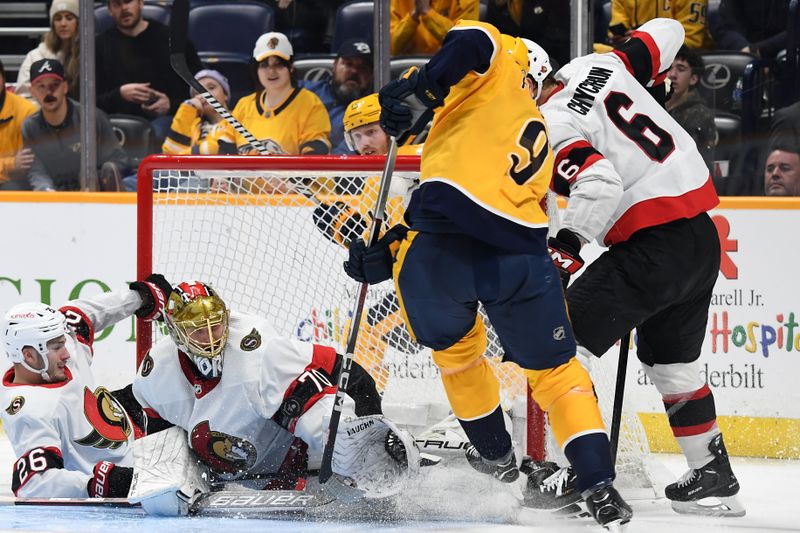 Feb 27, 2024; Nashville, Tennessee, USA; Ottawa Senators goaltender Joonas Korpisalo (70) makes a save on a shot attempt by Nashville Predators left wing Filip Forsberg (9) during the third period at Bridgestone Arena. Mandatory Credit: Christopher Hanewinckel-USA TODAY Sports