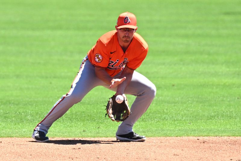 Mar 19, 2024; Dunedin, Florida, USA;  Baltimore Orioles shortstop Jordan Westburg (11) fields a ground ball in the second inning of the spring training game against the Toronto Blue Jays at TD Ballpark. Mandatory Credit: Jonathan Dyer-USA TODAY Sports