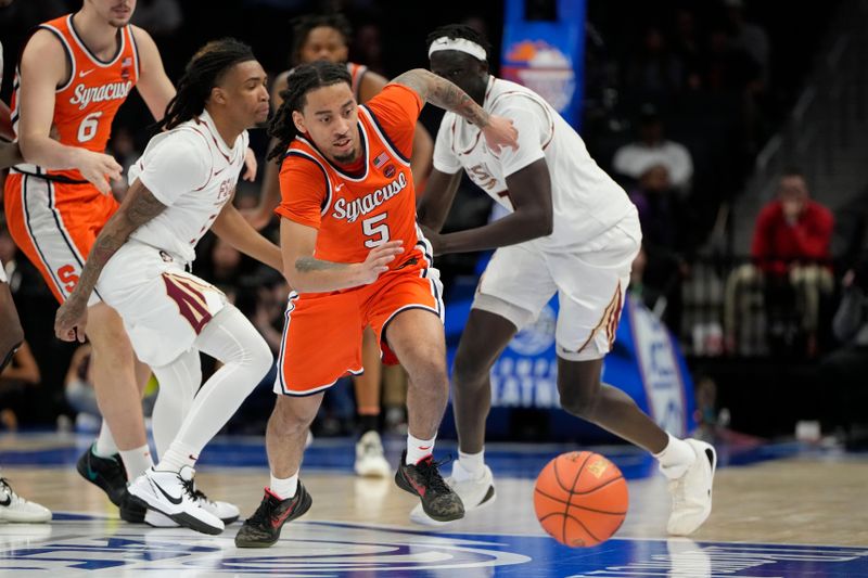 Mar 11, 2025; Charlotte, NC, USA; Syracuse Orange guard Jaquan Carlos (5) with the ball in the second half at Spectrum Center. Mandatory Credit: Bob Donnan-Imagn Images