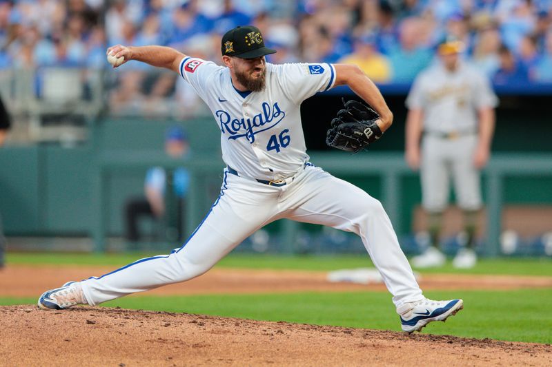 May 18, 2024; Kansas City, Missouri, USA;  Kansas City Royals pitcher John Schreiber (46) throws during the seventh inning against the Oakland Athletics at Kauffman Stadium. Mandatory Credit: William Purnell-USA TODAY Sports