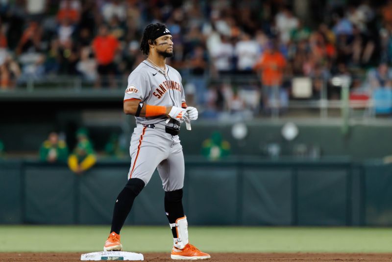 Jul 6, 2025; West Sacramento, California, USA; San Francisco Giants center fielder Luis Matos (29) stands on second after hitting a double during the game against the Athletics at Sutter Health Park. Mandatory Credit: Sergio Estrada-Imagn Images