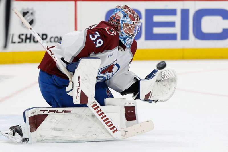 Jan 31, 2026; Detroit, Michigan, USA;  Colorado Avalanche goaltender MacKenzie Blackwood (39) makes a save in the second period against the Detroit Red Wings at Little Caesars Arena. Mandatory Credit: Rick Osentoski-Imagn Images