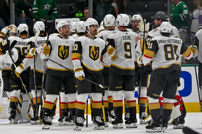 Apr 24, 2024; Dallas, Texas, USA; The Vegas Golden Knights celebrate the win over the Dallas Stars in game two of the first round of the 2024 Stanley Cup Playoffs at American Airlines Center. Mandatory Credit: Jerome Miron-USA TODAY Sports