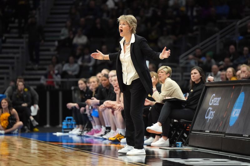 Mar 24, 2023; Seattle, WA, USA; Iowa Hawkeyes coach Lisa Bluder reacts against the Colorado Buffaloes in the first half at Climate Pledge Arena. Mandatory Credit: Kirby Lee-USA TODAY Sports