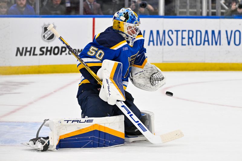 Apr 12, 2024; St. Louis, Missouri, USA;  St. Louis Blues goaltender Jordan Binnington (50) defends the net against the Carolina Hurricanes during the first period at Enterprise Center. Mandatory Credit: Jeff Curry-USA TODAY Sports