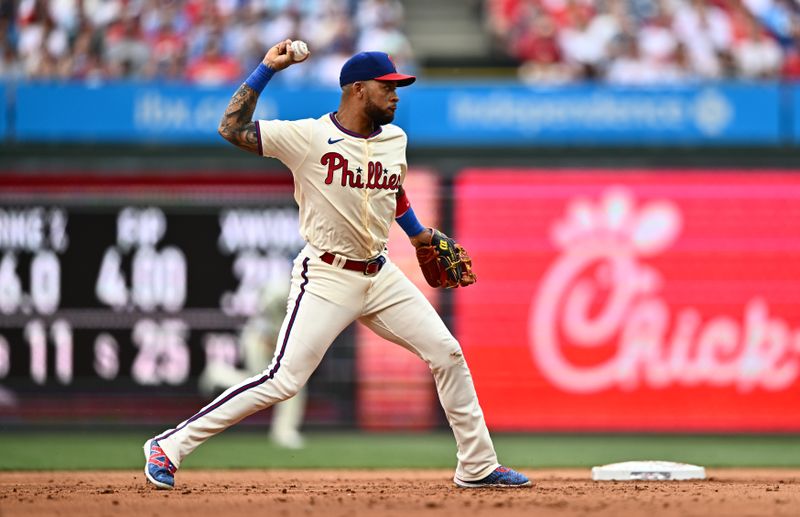 Jun 5, 2024; Philadelphia, Pennsylvania, USA; Philadelphia Phillies infielder Edmundo Sosa (33) throws to first base against the Milwaukee Brewers in the third inning at Citizens Bank Park. Mandatory Credit: Kyle Ross-USA TODAY Sports