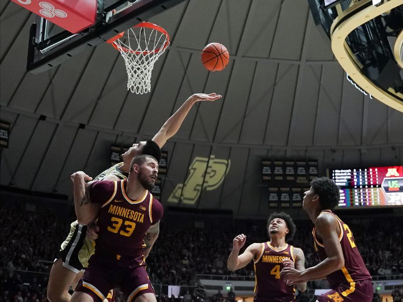 Feb 15, 2024; West Lafayette, Indiana, USA; Minnesota Golden Gophers center Jack Wilson (33) is called for a flagrant foul against Purdue Boilermakers center Zach Edey (15) during the second half at Mackey Arena. Mandatory Credit: Robert Goddin-USA TODAY Sports
