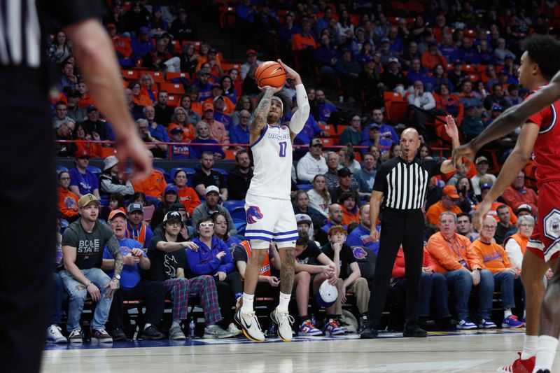 Feb 1, 2024; Boise, Idaho, USA; Boise State Broncos guard Roddie Anderson III (0) shoots three point shot during the second half against the Fresno State Bulldogs at ExtraMile Arena. Boise State defeats Fresno State 90-66. Mandatory Credit: Brian Losness-USA TODAY Sports
