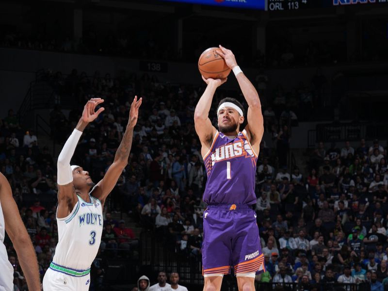 MINNEAPOLIS, MN -  APRIL 14: Devin Booker #1 of the Phoenix Suns shoots the ball during the game against the Minnesota Timberwolves on April 14, 2024 at Target Center in Minneapolis, Minnesota. NOTE TO USER: User expressly acknowledges and agrees that, by downloading and or using this Photograph, user is consenting to the terms and conditions of the Getty Images License Agreement. Mandatory Copyright Notice: Copyright 2024 NBAE (Photo by Jordan Johnson/NBAE via Getty Images)