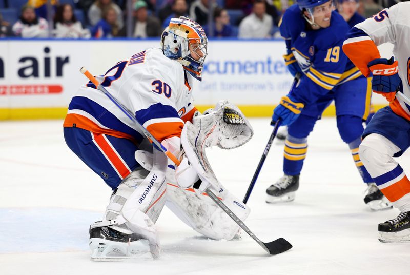 Mar 14, 2024; Buffalo, New York, USA;  New York Islanders goaltender Ilya Sorokin (30) looks for the puck during the second period against the Buffalo Sabres at KeyBank Center. Mandatory Credit: Timothy T. Ludwig-USA TODAY Sports