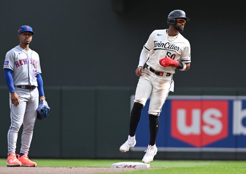 Sep 10, 2023; Minneapolis, Minnesota, USA; Minnesota Twins left fielder Willi Castro (50) makes it to second base safely against the New York Mets in the sixth inning at Target Field. Mandatory Credit: Michael McLoone-USA TODAY Sports