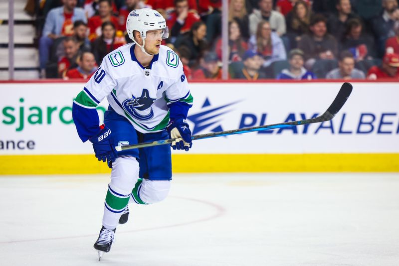 Dec 2, 2023; Calgary, Alberta, CAN; Vancouver Canucks center Elias Pettersson (40) skates against the Calgary Flames during the second period at Scotiabank Saddledome. Mandatory Credit: Sergei Belski-USA TODAY Sports