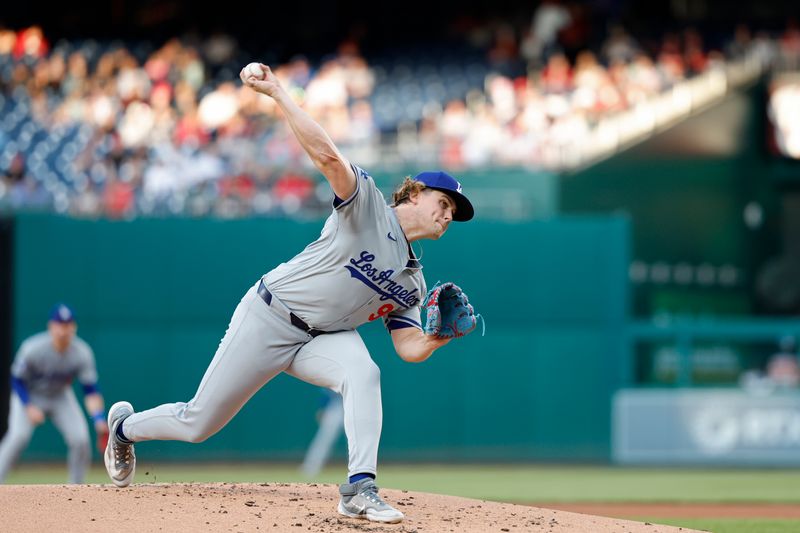 Apr 24, 2024; Washington, District of Columbia, USA; Los Angeles Dodgers starting pitcher Landon Knack (96) pitches against the Washington Nationals during the first inning at Nationals Park. Mandatory Credit: Geoff Burke-USA TODAY Sports