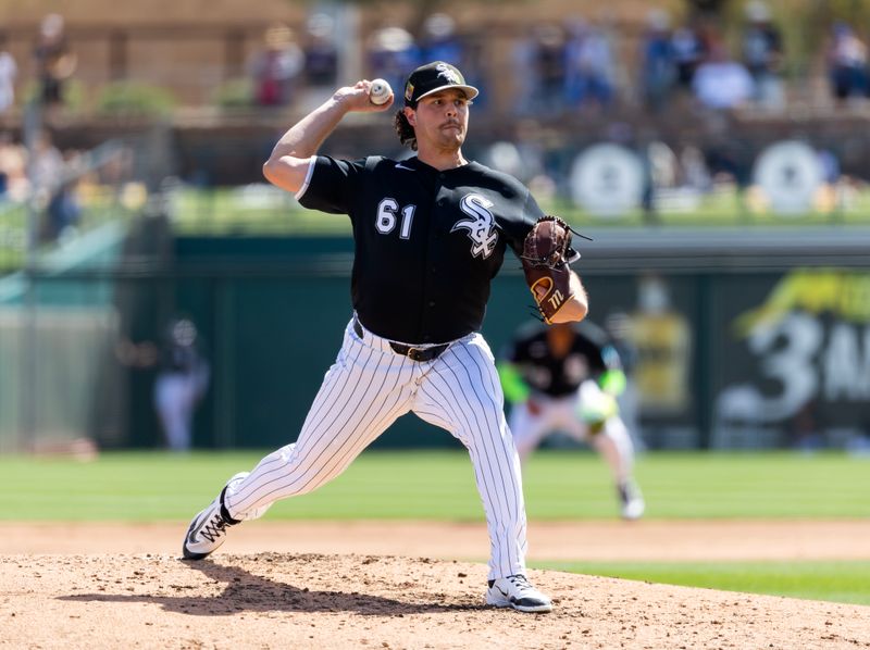 Mar 14, 2026; Phoenix, Arizona, USA; Chicago White Sox pitcher Mike Vasil against the Los Angeles Dodgers during a spring training game at Camelback Ranch-Glendale. Mandatory Credit: Mark J. Rebilas-Imagn Images