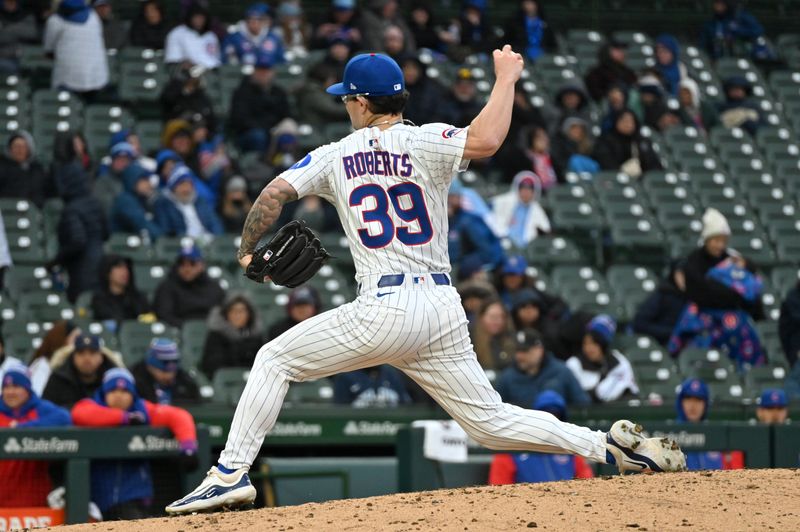 Apr 9, 2025; Chicago, Illinois, USA; Chicago Cubs relief pitcher Ethan Roberts (39) pitches during the ninth inning against the Texas Rangers at Wrigley Field. Mandatory Credit: Patrick Gorski-Imagn Images