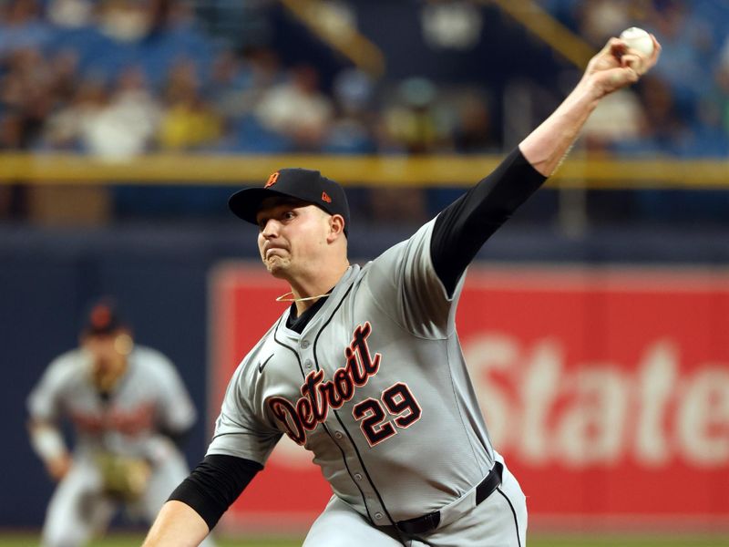 Apr 22, 2024; St. Petersburg, Florida, USA; Detroit Tigers starting pitcher Tarik Skubal (29) throws a pitch against the Tampa Bay Rays during the first inning at Tropicana Field. Mandatory Credit: Kim Klement Neitzel-USA TODAY Sports