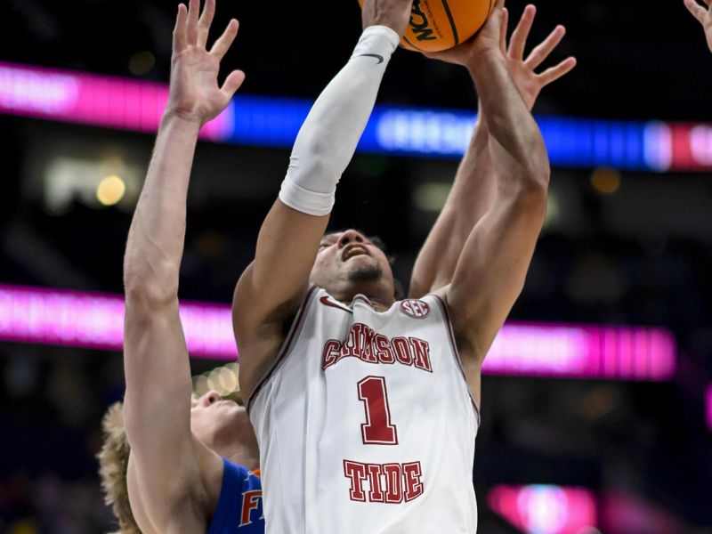  Mar 15, 2024; Nashville, TN, USA; Alabama Crimson Tide guard Mark Sears (1) shoots the ball against the Florida Gatorsduring the second half at Bridgestone Arena. Mandatory Credit: Steve Roberts-USA TODAY Sports