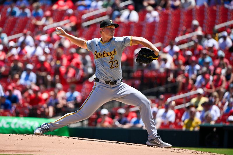 Jun 13, 2024; St. Louis, Missouri, USA;  Pittsburgh Pirates starting pitcher Mitch Keller (23) pitches against the St. Louis Cardinals during the first inning at Busch Stadium. Mandatory Credit: Jeff Curry-USA TODAY Sports