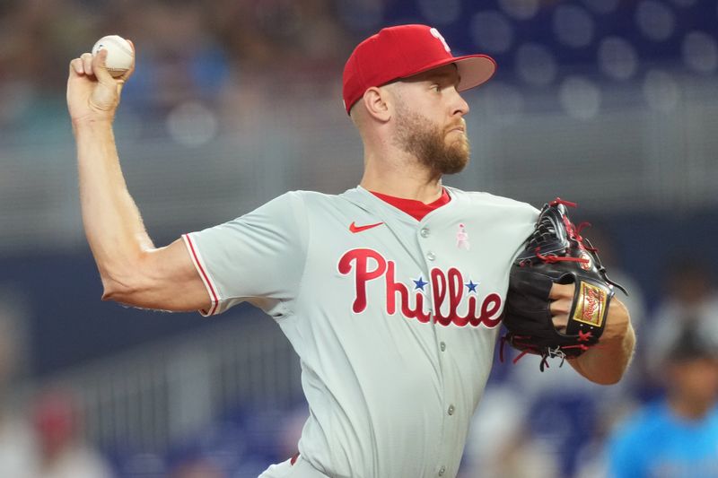 May 12, 2024; Miami, Florida, USA;  Philadelphia Phillies starting pitcher Zack Wheeler (45) pitches against the Miami Marlins in the first inning at loanDepot Park. Mandatory Credit: Jim Rassol-USA TODAY Sports