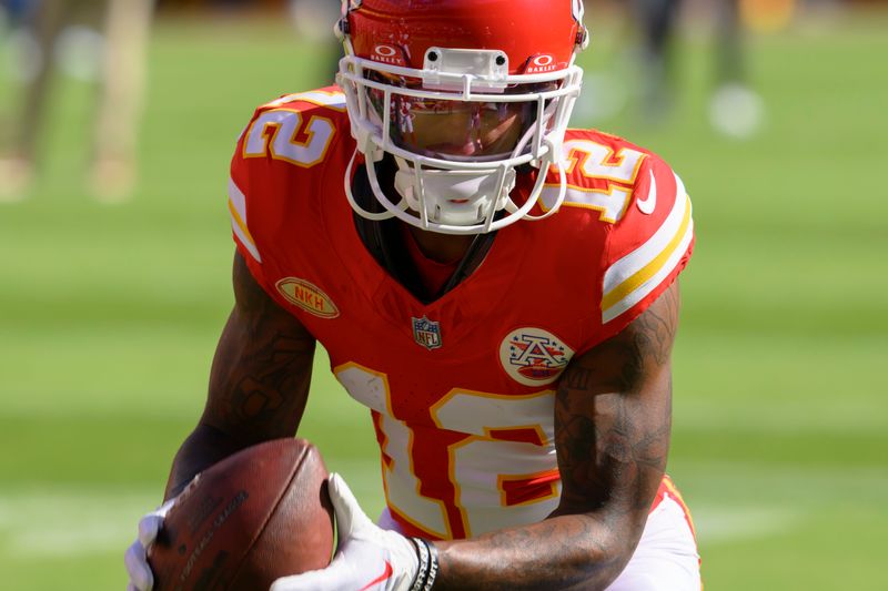 Kansas City Chiefs wide receiver Mecole Hardman Jr. catches the ball during warmups before an NFL football game against the Los Angeles Chargers, Sunday, Oct. 22, 2023 in Kansas City, Mo. (AP Photo/Reed Hoffmann)