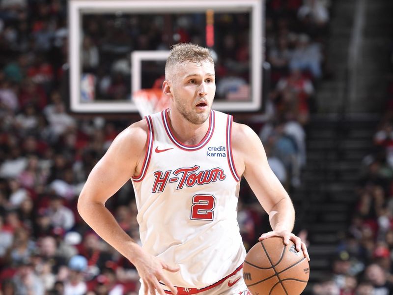 HOUSTON, TX - APRIL 5: Jock Landale #2 of the Houston Rockets dribbles the ball during the game against the Miami Heat on April 5, 2024 at the Toyota Center in Houston, Texas. NOTE TO USER: User expressly acknowledges and agrees that, by downloading and or using this photograph, User is consenting to the terms and conditions of the Getty Images License Agreement. Mandatory Copyright Notice: Copyright 2024 NBAE (Photo by Logan Riely/NBAE via Getty Images)