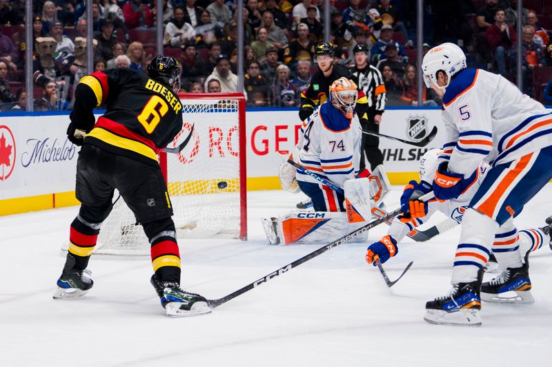 Nov 6, 2023; Vancouver, British Columbia, CAN; Edmonton Oilers defenseman Cody Ceci (5) watches as Vancouver Canucks forward Brock Boeser (6) scores on Edmonton Oilers goalie Stuart Skinner (74) in the third period at Rogers Arena. Vancouver won 6-2. Mandatory Credit: Bob Frid-USA TODAY Sports