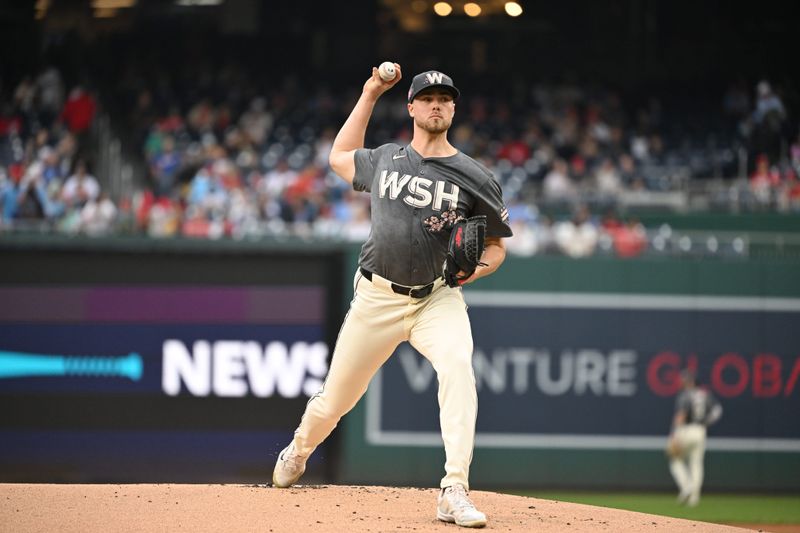 Sep 29, 2024; Washington, District of Columbia, USA; Washington Nationals starting pitcher Jake Irvin (27) throws a pitch against the Philadelphia Phillies during the first inning at Nationals Park. Mandatory Credit: Rafael Suanes-Imagn Images