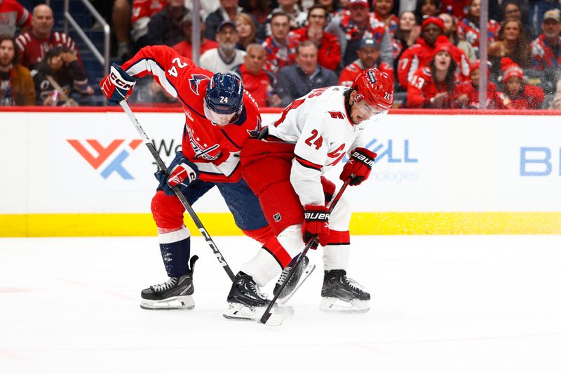 Mar 22, 2024; Washington, District of Columbia, USA; Washington Capitals center Connor McMichael (24) and Carolina Hurricanes center Seth Jarvis (24) battle for the puck during the third period at Capital One Arena. Mandatory Credit: Amber Searls-USA TODAY Sports