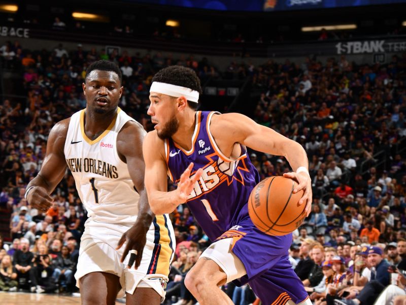 PHOENIX, AZ - APRIL 7: Devin Booker #1 of the Phoenix Suns drives to the basket during the game against the New Orleans Pelicans on April 7, 2024 at Footprint Center in Phoenix, Arizona. NOTE TO USER: User expressly acknowledges and agrees that, by downloading and or using this photograph, user is consenting to the terms and conditions of the Getty Images License Agreement. Mandatory Copyright Notice: Copyright 2024 NBAE (Photo by Barry Gossage/NBAE via Getty Images)