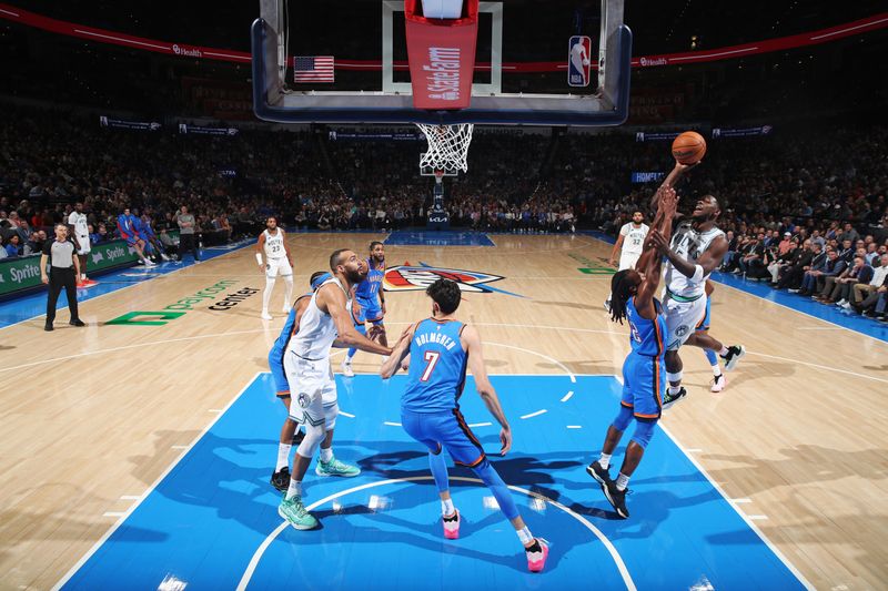 OKLAHOMA CITY, OK - JANUARY 29: Anthony Edwards #5 of the Minnesota Timberwolves drives to the basket during the game against the Oklahoma City Thunder on January 29, 2024 at Paycom Arena in Oklahoma City, Oklahoma. NOTE TO USER: User expressly acknowledges and agrees that, by downloading and or using this photograph, User is consenting to the terms and conditions of the Getty Images License Agreement. Mandatory Copyright Notice: Copyright 2024 NBAE (Photo by Zach Beeker/NBAE via Getty Images)