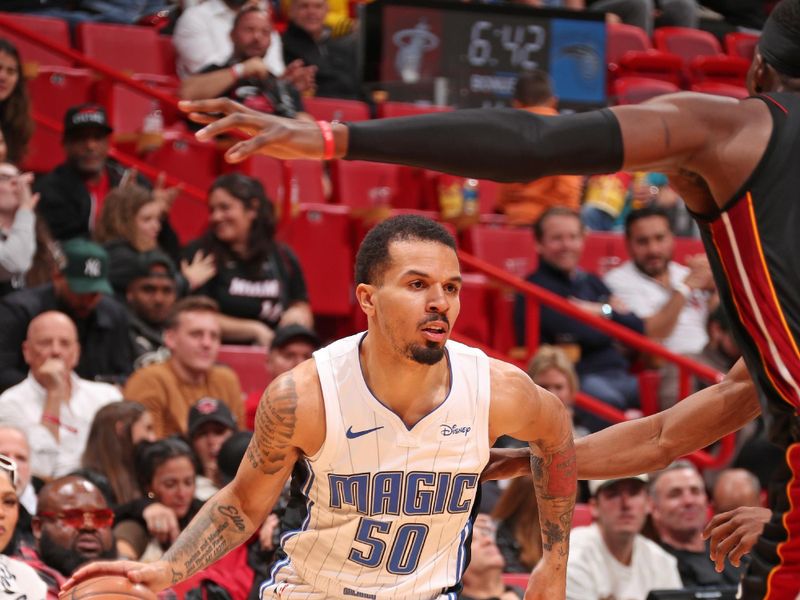 MIAMI, FL - FEBRUARY 6: Cole Anthony #50 of the Orlando Magic dribbles the ball during the game against the Miami Heat on February 6, 2024 at Kaseya Center in Miami, Florida. NOTE TO USER: User expressly acknowledges and agrees that, by downloading and or using this Photograph, user is consenting to the terms and conditions of the Getty Images License Agreement. Mandatory Copyright Notice: Copyright 2024 NBAE (Photo by Issac Baldizon/NBAE via Getty Images)