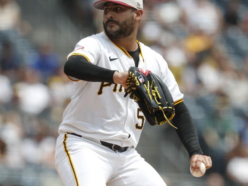 Jul 4, 2024; Pittsburgh, Pennsylvania, USA; Pittsburgh Pirates starting pitcher Martín Pérez (54) delivers a pitch against the St. Louis Cardinals during the first inning at PNC Park. Mandatory Credit: Charles LeClaire-USA TODAY Sports